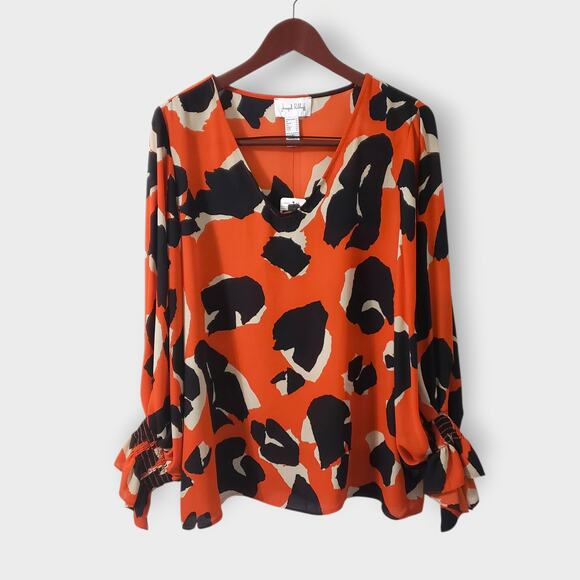 NWT Joseph Ribkoff Georgette Billow Sleeve Blouse Orange Animal Print Sz 12 - Picture 1 of 11
